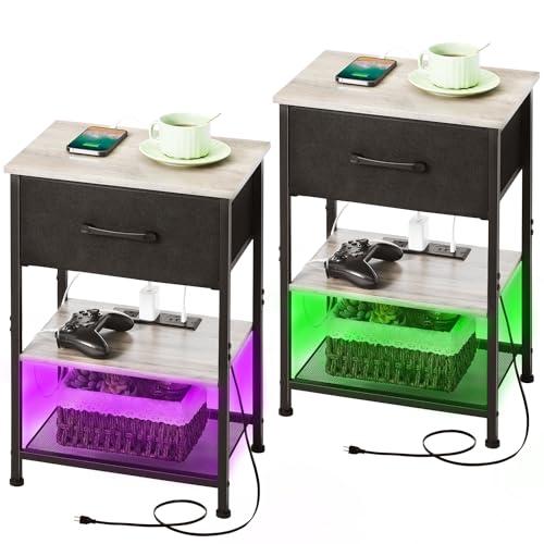 【並行輸入品】LAKEMID Nightstands Set of 2 with Charging Station and Drawer, E_1