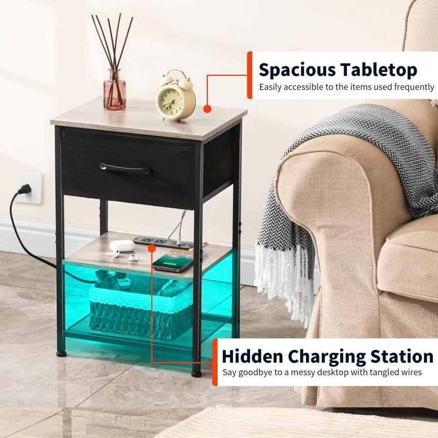 【並行輸入品】LAKEMID Nightstands Set of 2 with Charging Station and Drawer, E_3