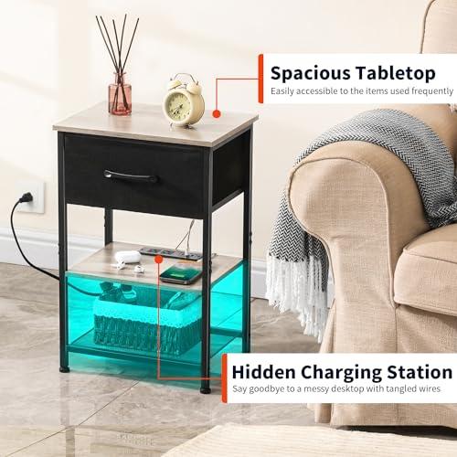 【並行輸入品】LAKEMID Nightstands Set of 2 with Charging Station and Drawer, E_4