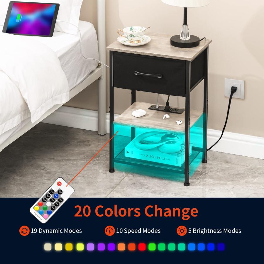 【並行輸入品】LAKEMID Nightstands Set of 2 with Charging Station and Drawer, E_6