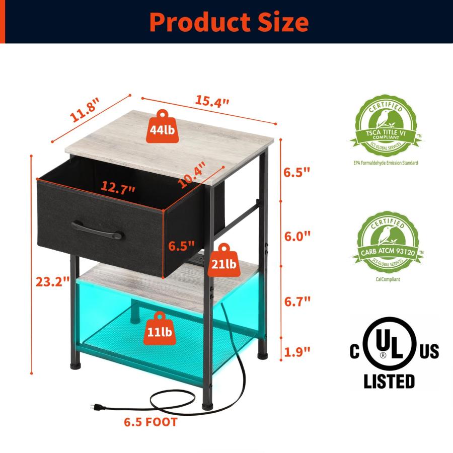 【並行輸入品】LAKEMID Nightstands Set of 2 with Charging Station and Drawer, E_9
