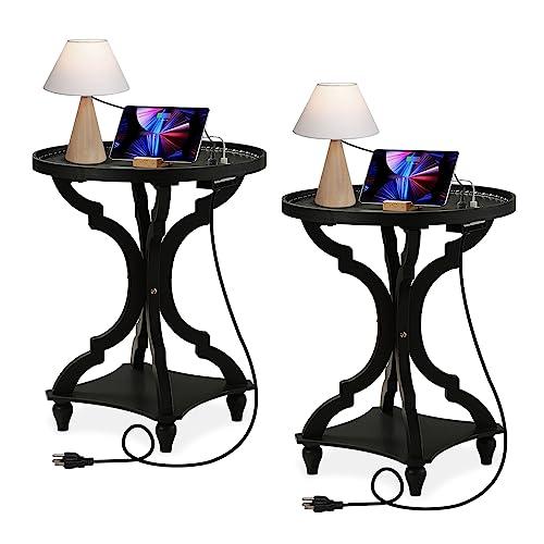 【並行輸入品】Wnutrees ファームハウス ラウンドアクセントエンドテーブル 充電ステーション付き 素朴なサイドテーブル ナイトスタンド リ_1