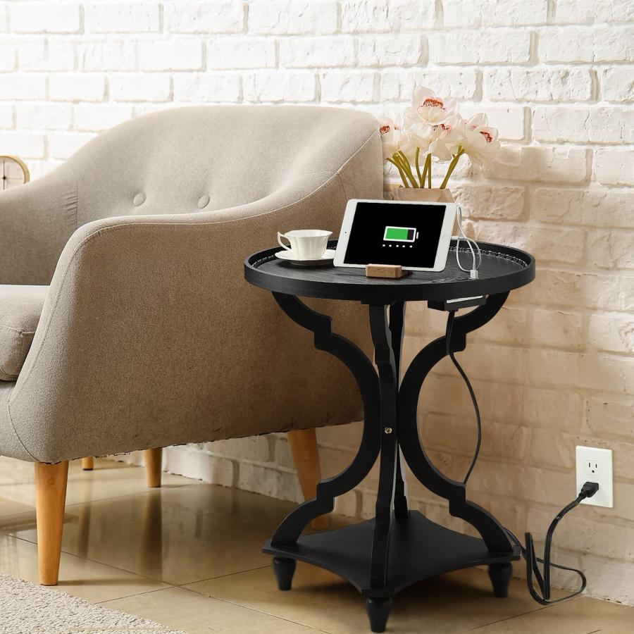 【並行輸入品】Wnutrees ファームハウス ラウンドアクセントエンドテーブル 充電ステーション付き 素朴なサイドテーブル ナイトスタンド リ_3