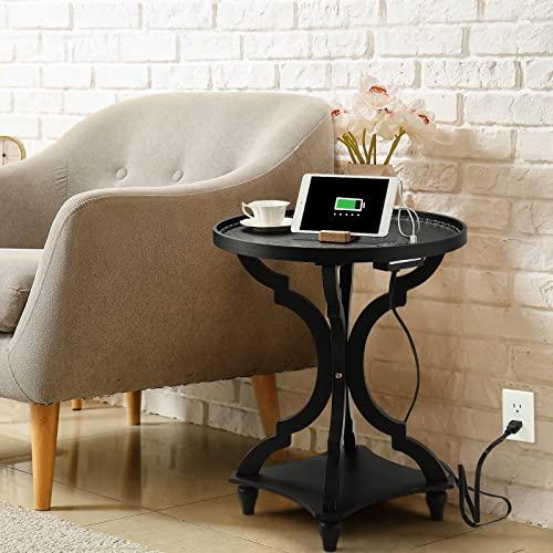 【並行輸入品】Wnutrees ファームハウス ラウンドアクセントエンドテーブル 充電ステーション付き 素朴なサイドテーブル ナイトスタンド リ_4