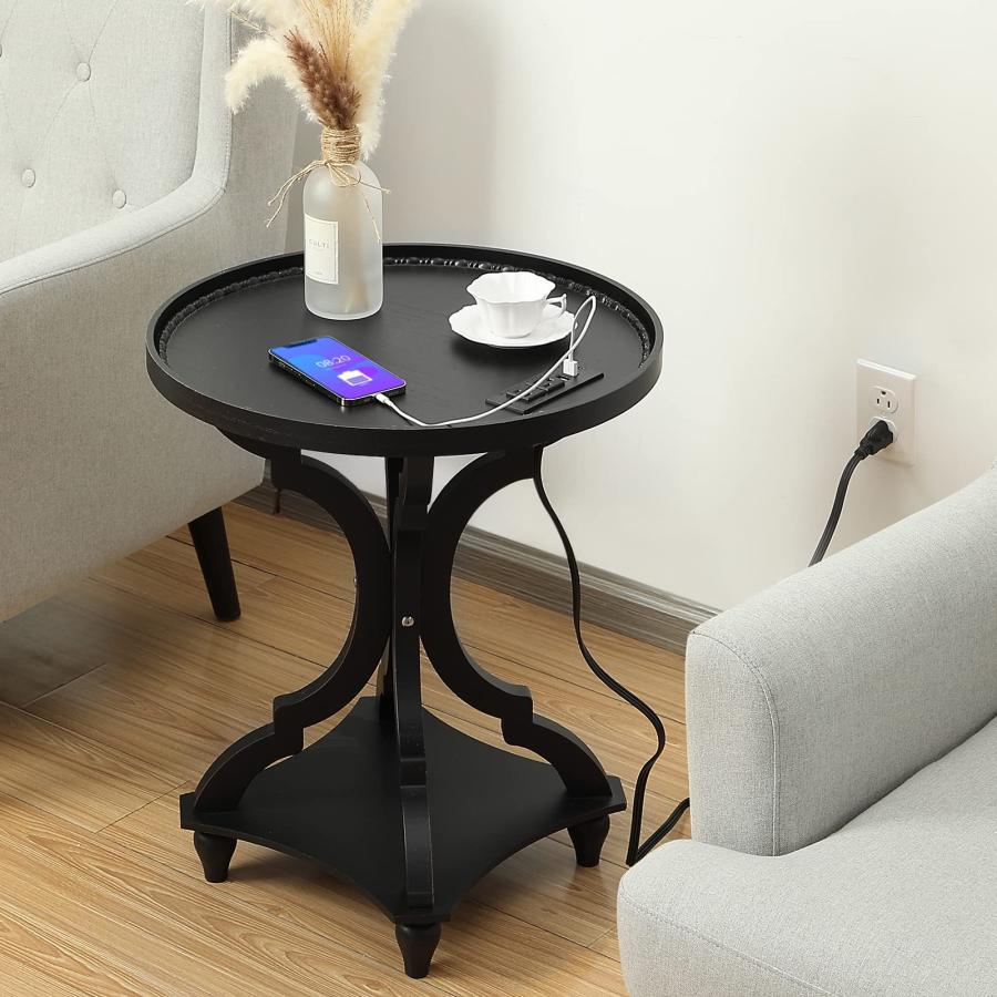 【並行輸入品】Wnutrees ファームハウス ラウンドアクセントエンドテーブル 充電ステーション付き 素朴なサイドテーブル ナイトスタンド リ_6