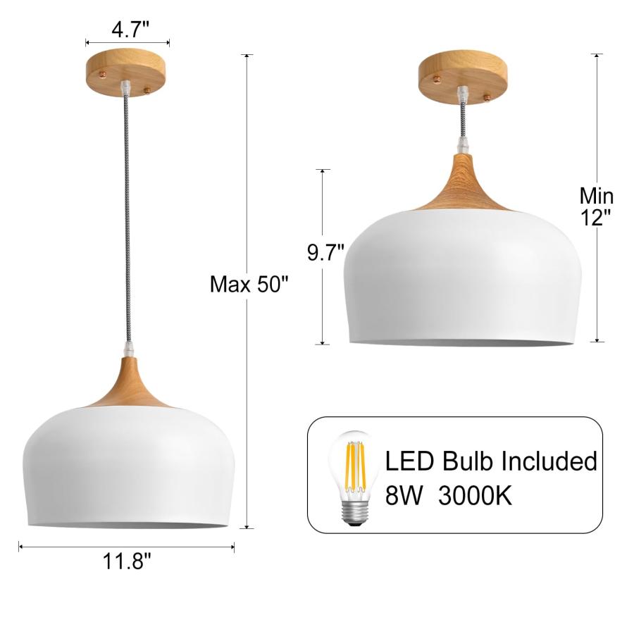 【並行輸入品】DOTCN Modern Pendant Light with LED Bulb， Nordic Wooden Dome Min_3