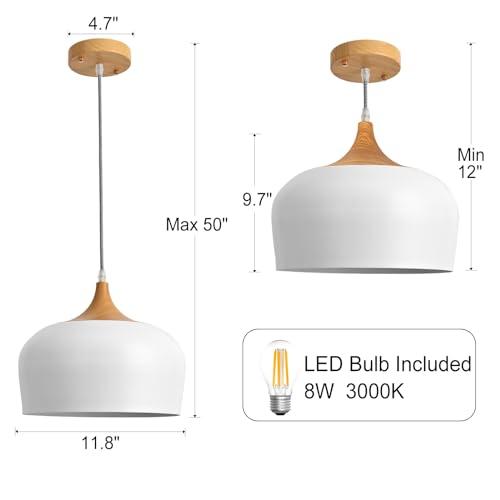 【並行輸入品】DOTCN Modern Pendant Light with LED Bulb， Nordic Wooden Dome Min_4