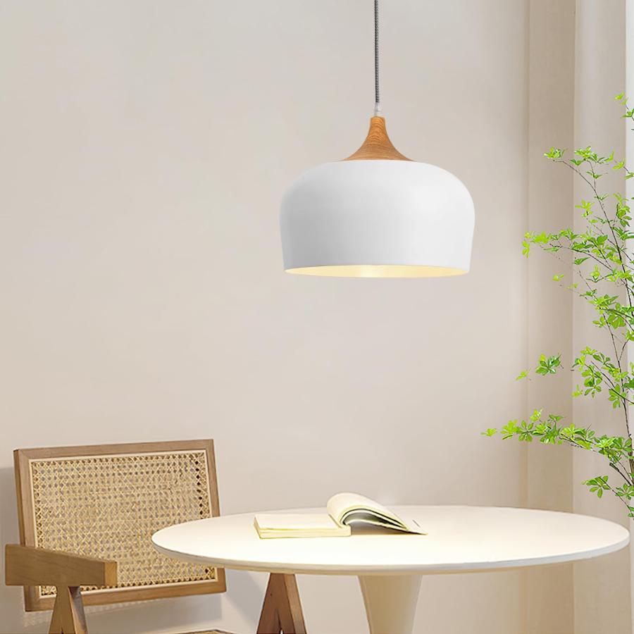 【並行輸入品】DOTCN Modern Pendant Light with LED Bulb， Nordic Wooden Dome Min_6
