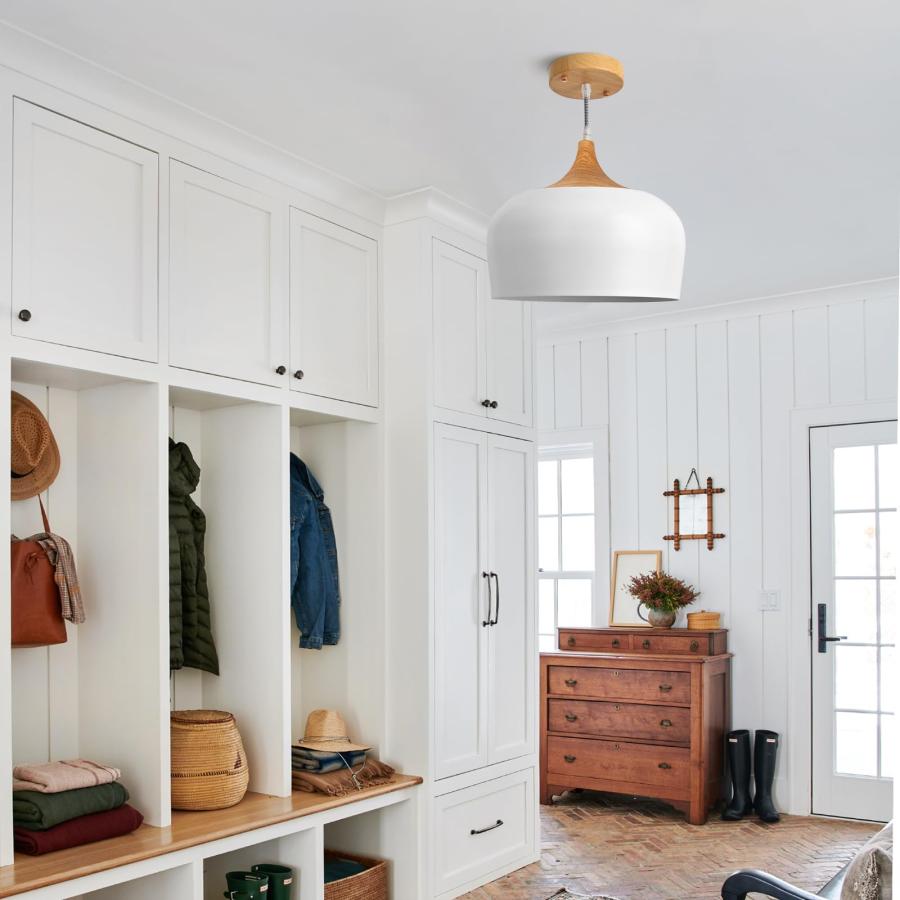 【並行輸入品】DOTCN Modern Pendant Light with LED Bulb， Nordic Wooden Dome Min_9
