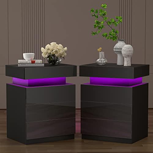 YILQQPER Nightstand Set of 2 with LED， End Tables with 3 Drawers