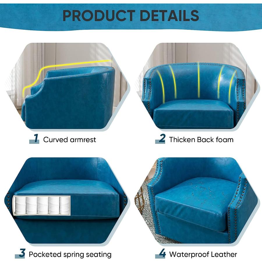 【並行輸入品】Deolme Blue Leather Swivel Accent Barrel Chairs for Living Room Aの画像