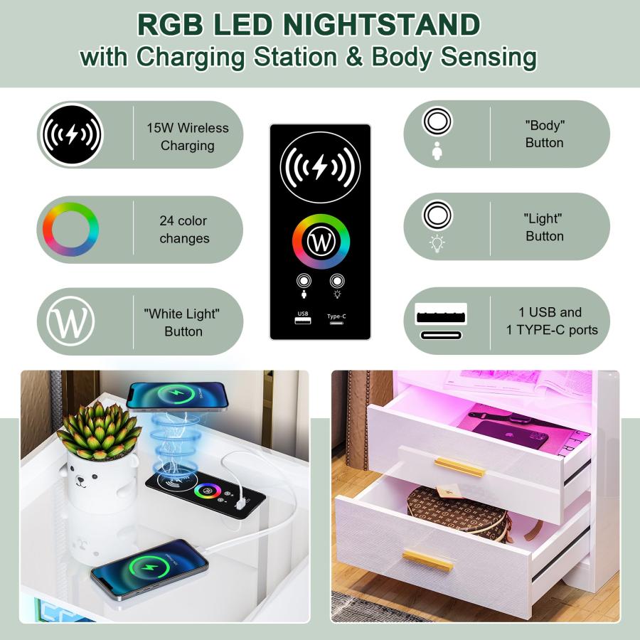 【並行輸入品】HNEBC Night Stand with Charging Station,LED Nightstand with Body_6