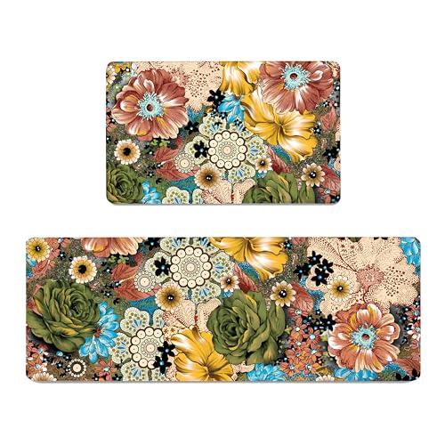 【並行輸入品】Boho Floral Kitchen Rug Set 2 Colourful Flowers Non Slip Kitchen