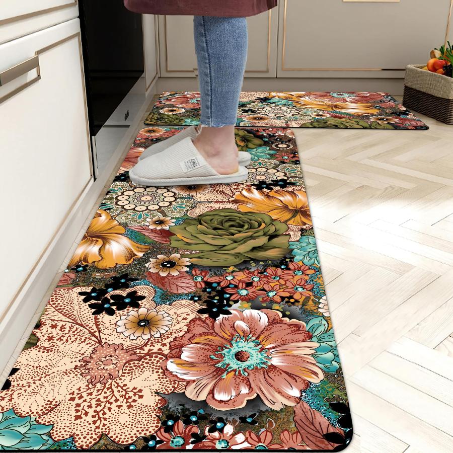 【並行輸入品】Boho Floral Kitchen Rug Set 2 Colourful Flowers Non Slip Kitchen
