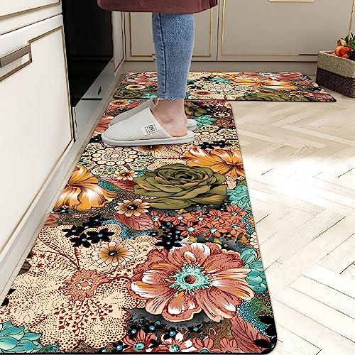 【並行輸入品】Boho Floral Kitchen Rug Set 2 Colourful Flowers Non Slip Kitchen