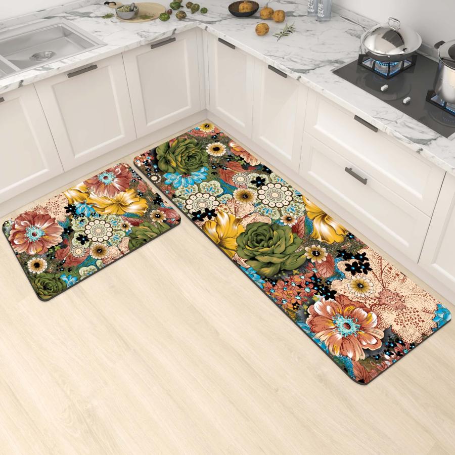 【並行輸入品】Boho Floral Kitchen Rug Set 2 Colourful Flowers Non Slip Kitchen