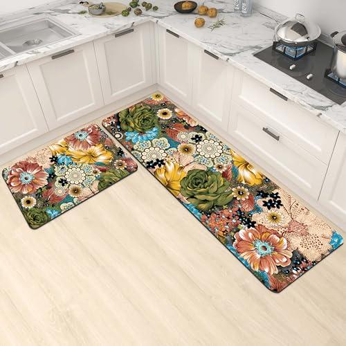 【並行輸入品】Boho Floral Kitchen Rug Set 2 Colourful Flowers Non Slip Kitchen
