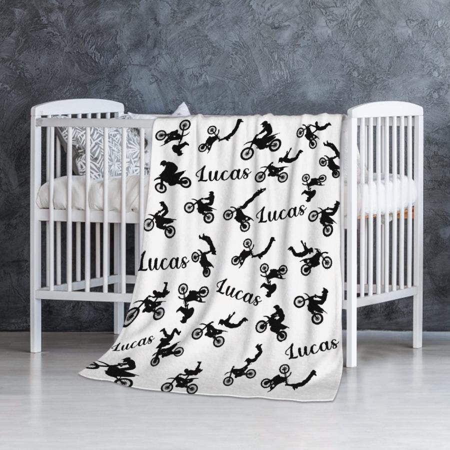 Personalized Dirt Bike Baby Blanket, Custom Baby Name Bl 並行輸入品 【ブラック】