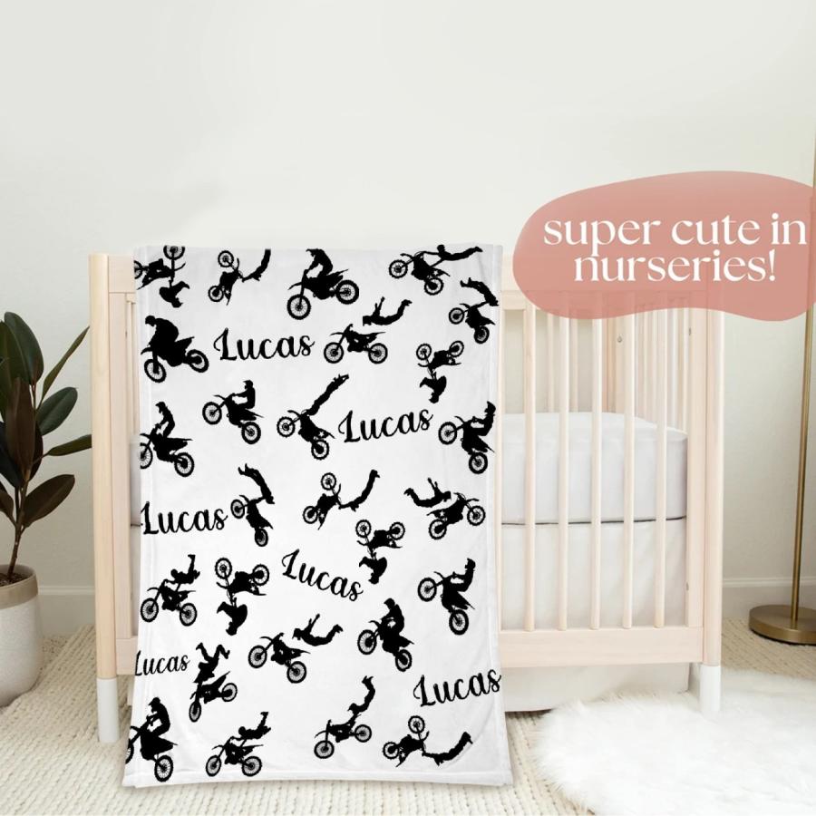 Personalized Dirt Bike Baby Blanket, Custom Baby Name Bl 並行輸入品 【ブラック】