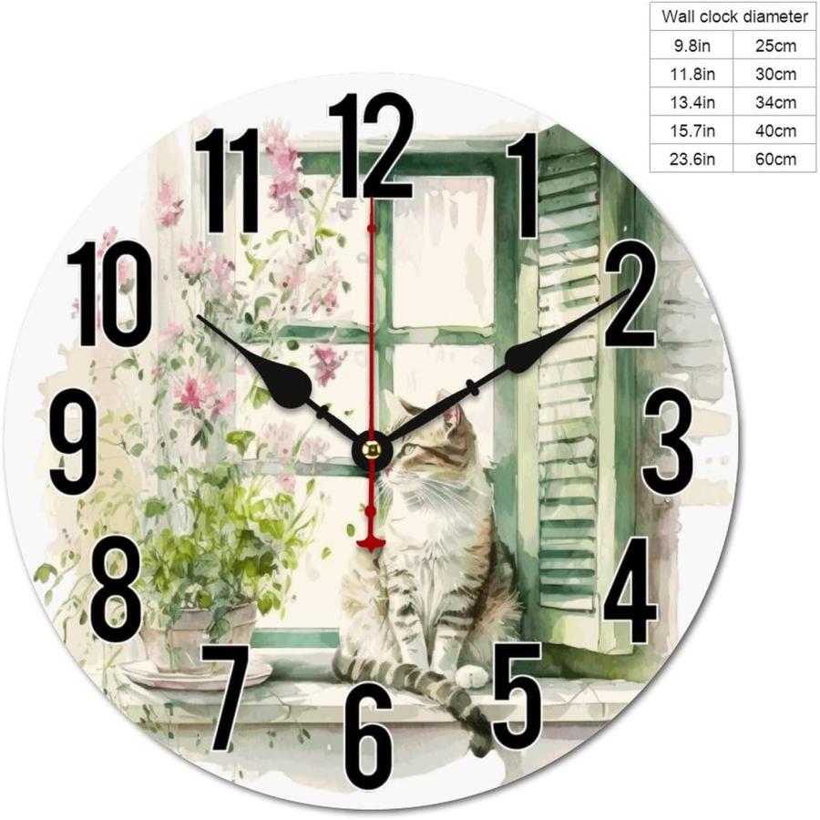 【並行輸入品】Gokays Wall Clock Cat on The Window Watercolor Painting Decorativ
