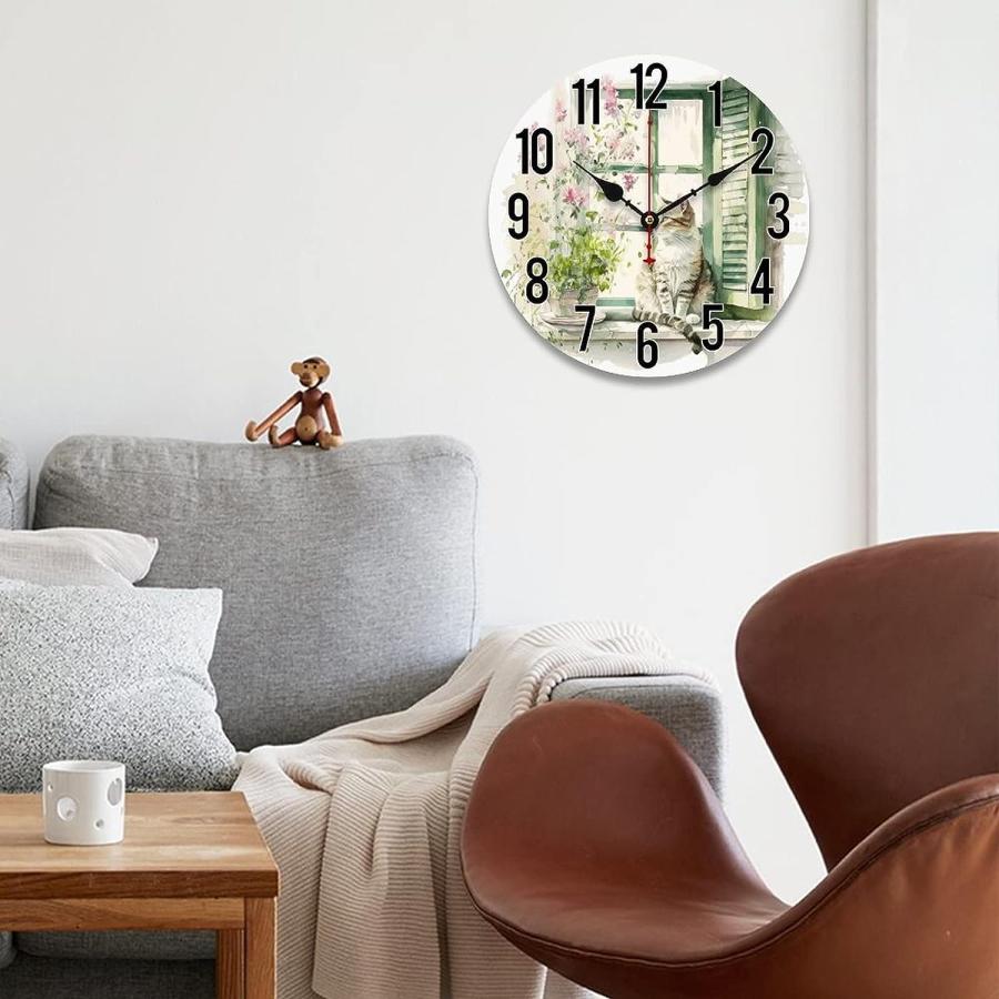 【並行輸入品】Gokays Wall Clock Cat on The Window Watercolor Painting Decorativ