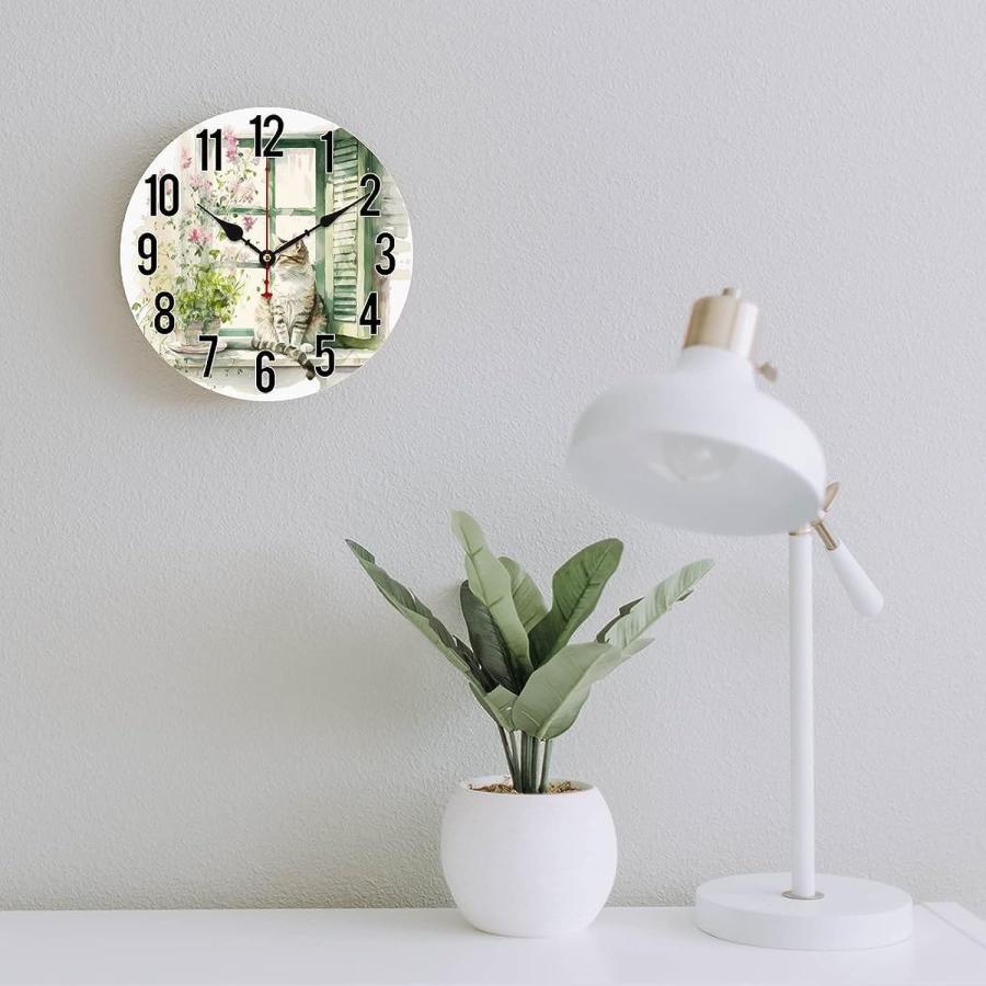 【並行輸入品】Gokays Wall Clock Cat on The Window Watercolor Painting Decorativ