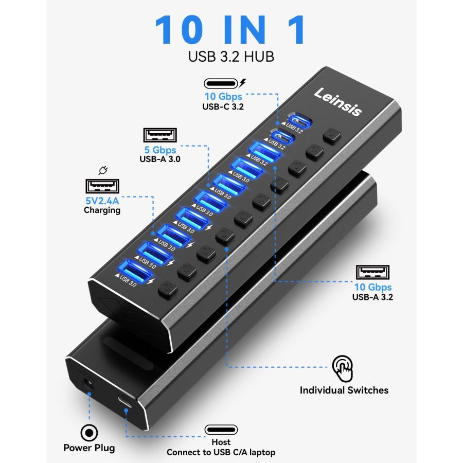 【並行輸入品】Powered USB Hub 3.2, LEINSIS 10 Port USB 3.2/USB C Hub (10Gbps Uの画像