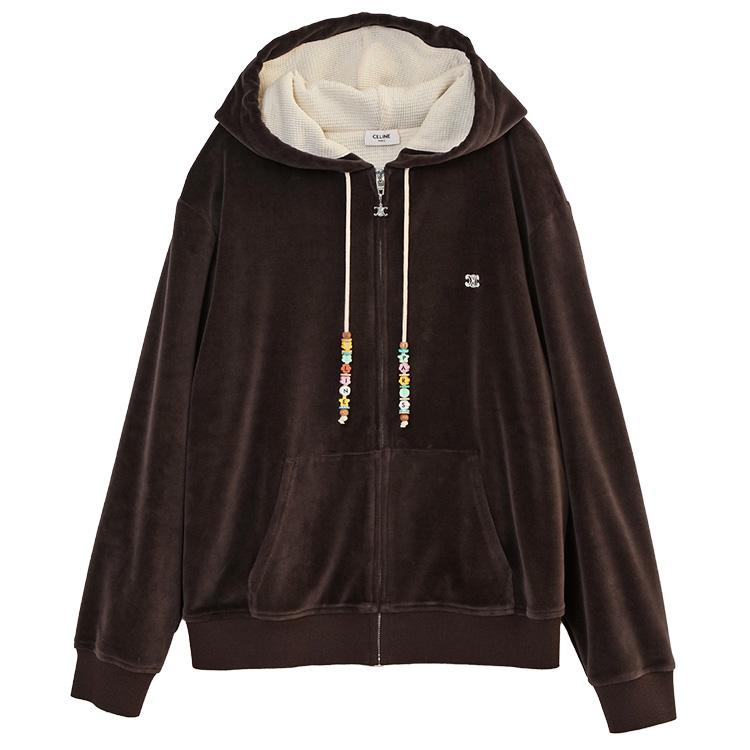 セリーヌ CELINE ベルベット ジップアップ パーカー RY0GC0F09-19JJ ブラウン/エクリュの画像