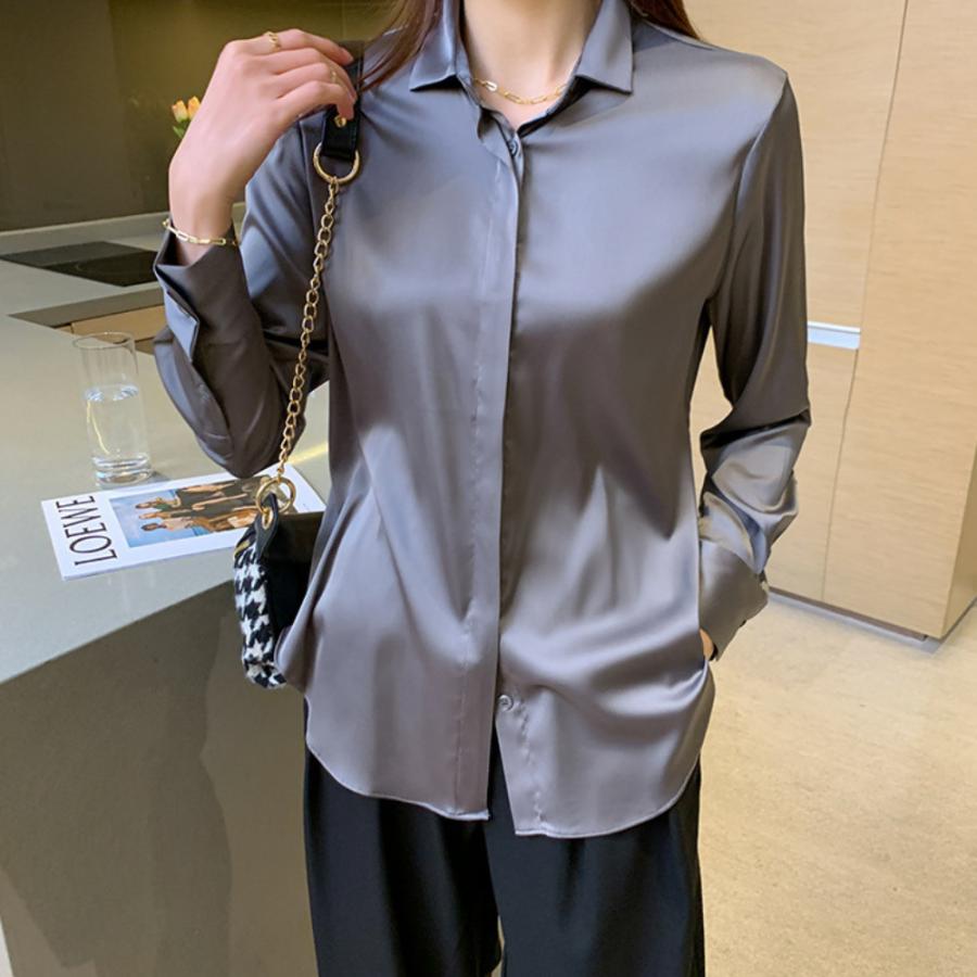 レディース サテンシャツ 長袖 ブラウス ファッション オフィス トップス カジュアルシャツ | ブランド登録なし | 02