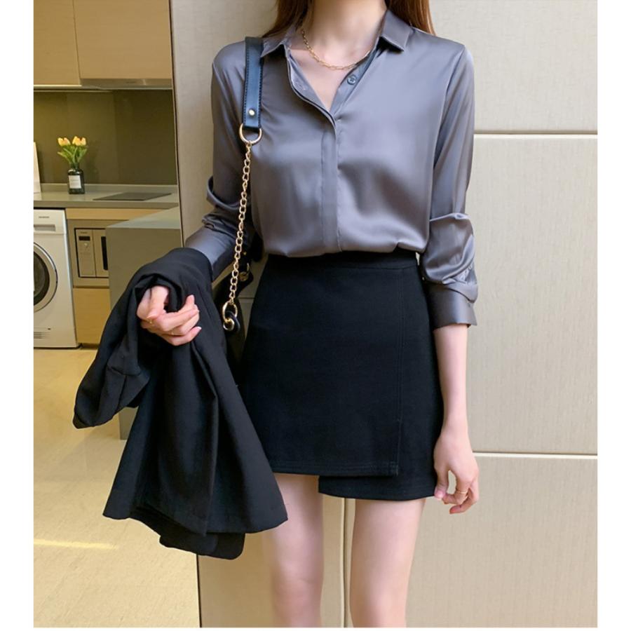 レディース サテンシャツ 長袖 ブラウス ファッション オフィス トップス カジュアルシャツ | ブランド登録なし | 09