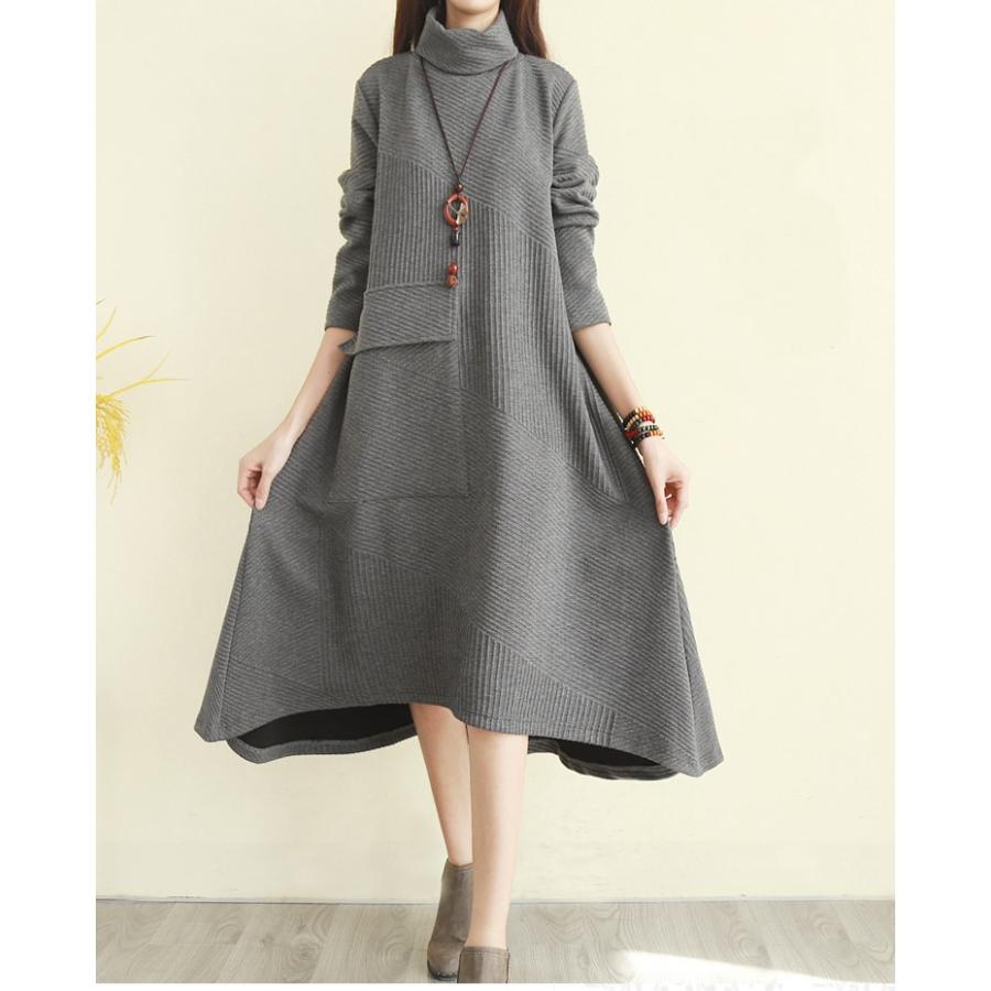 ワンピース レディース 秋 冬 長袖 ニット チュニック スカート マキシ ハイネック 体型カバー | ブランド登録なし | 01