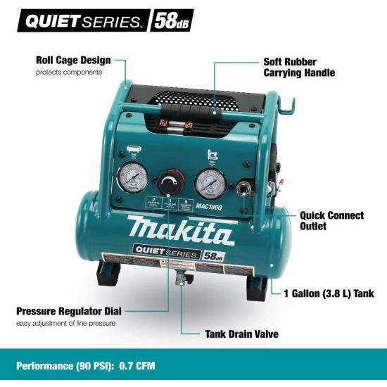 Makita マキタ MAC100Q Quiet Series, 1/2 HP, 1 Gallon Compact, OilFree
