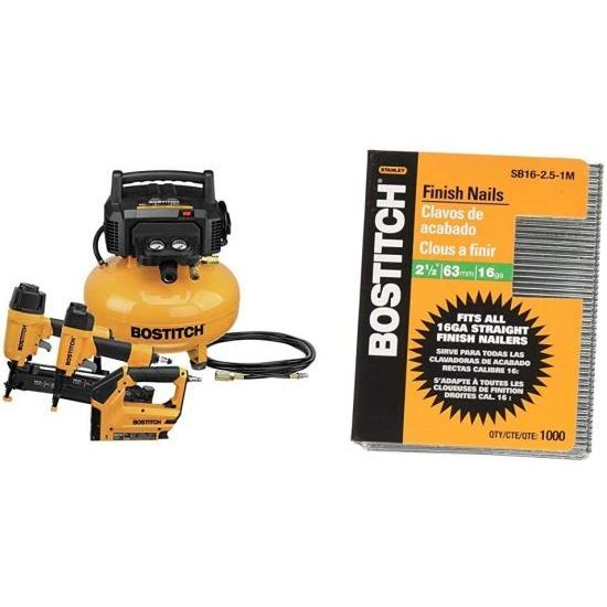 BOSTITCH Air Compressor Combo Kit, 3Tool (BTFP3KIT) & Finish Nails