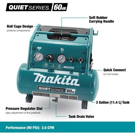 注文 Makita マキタ MAC320Q Quiet Series 1-1/2 HP， 3 Gallon， Oil-Free， Electric Air Compressor