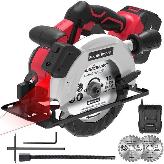 PowerSmart 20V 6-1/2 Inch Cordless Circular Saw with 4.0Ah Battery and Fast Charger， 4300 RPM， Laser & Parallel Guide， 2 Blades