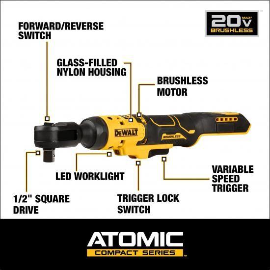 DEWALT ATOMIC 20V MAX ブラシレス コードレス ラチェット、1/2インチ、本体のみ (DCF512B)_1