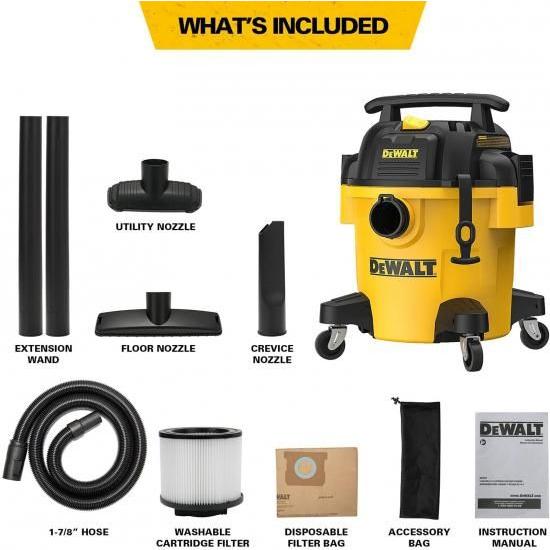 DEWALT DXV05P 5ガロン ポリウェット/ドライ掃除機、アタッチメント付き4馬力業務用掃除機、強力な吸引力、1-7/8インチホース、DXV05P、イエロー_5