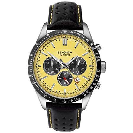 最も信頼できる Black and Dial Yellow with Watch Chronograph Mens Sekonda Leather 並行輸入品 1395 Strap 腕時計