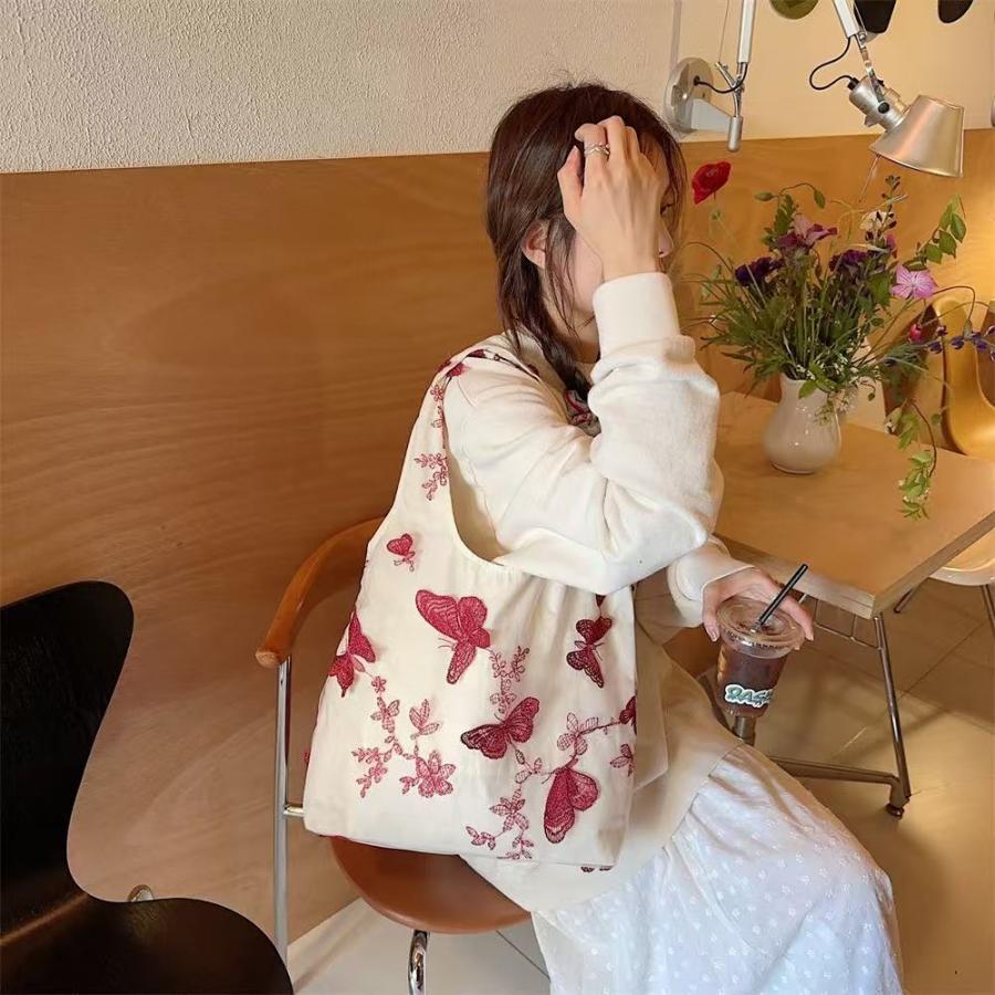 トートバッグ カバン キャンバス 帆布 蝶柄 蝶 チェリー リーフ アート