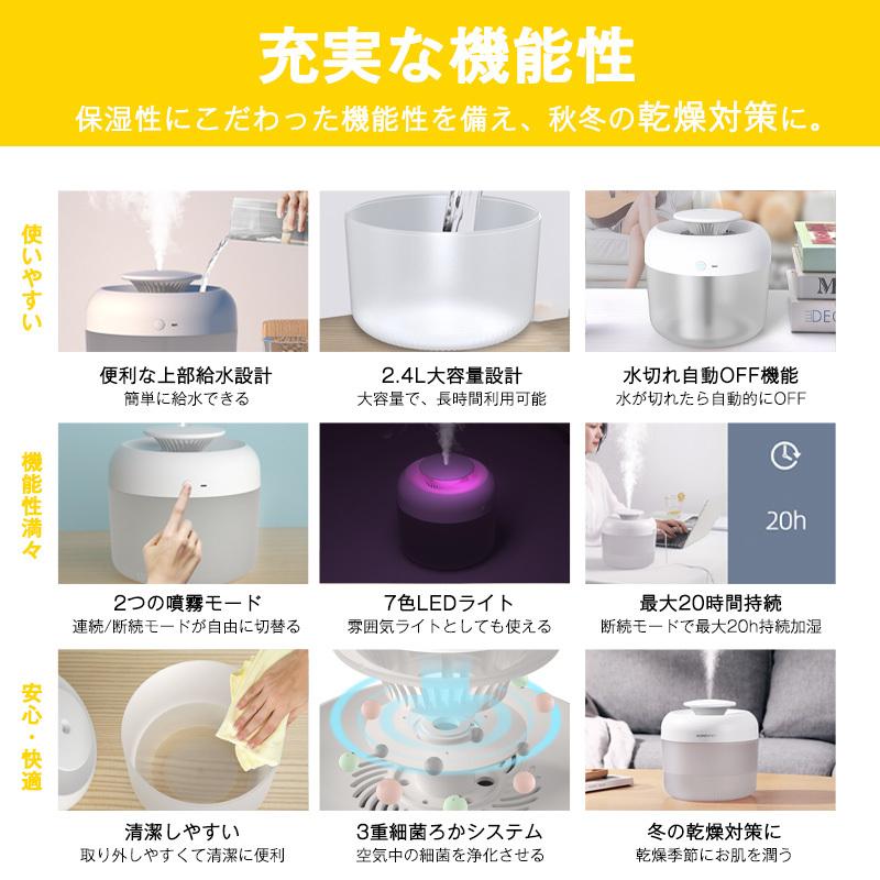 加湿器 卓上 超音波式 2.4L 大容量 上から給水 次亜塩素酸水対応おしゃれ ミスト 自動停止機能 ライト付き 静音 省エネ 節電 エコ 2色 送料無料 |  | 03