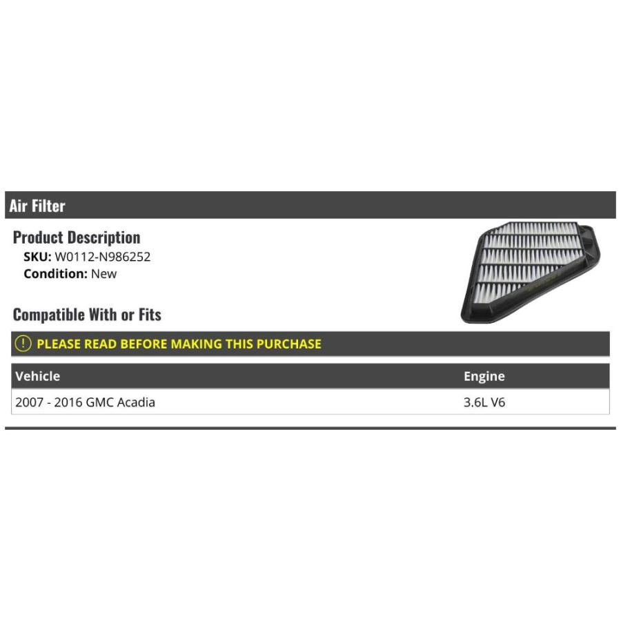 Air Filter Compatible with 20072016 GMC Acadia 3.6L V6