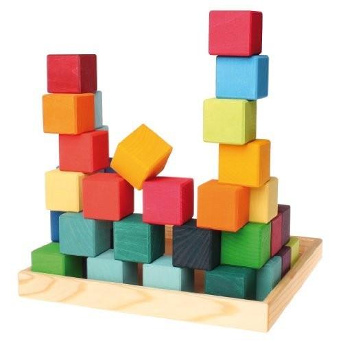 激安の Grimm´s Mosaic Square of 36 Wooden Cube Blocks with Storage Tray， 4x4 Size
