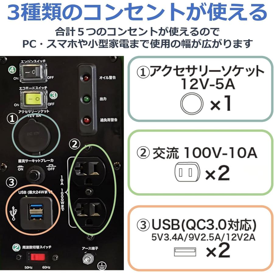 ポータブル電源 発電機 カセットガス インバータ発電機 50/60Hz 切替式