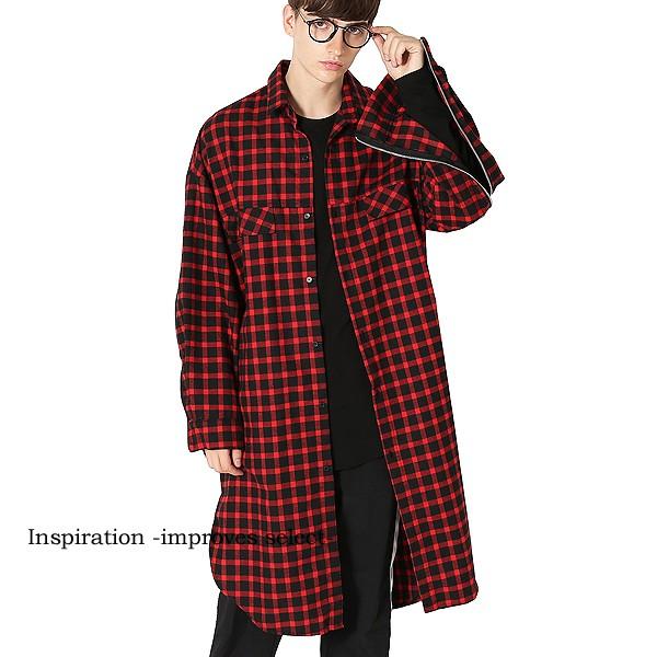 チェックコート ロング丈 長袖 チェックシャツ ビッグサイズ 赤 青 メンズ 韓国ファッション | improves