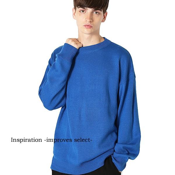 ニット クルーネック セーター カットソー 長袖 ビッグサイズ 黒 灰 青 メンズ 韓国ファッション :20186:improves インプ