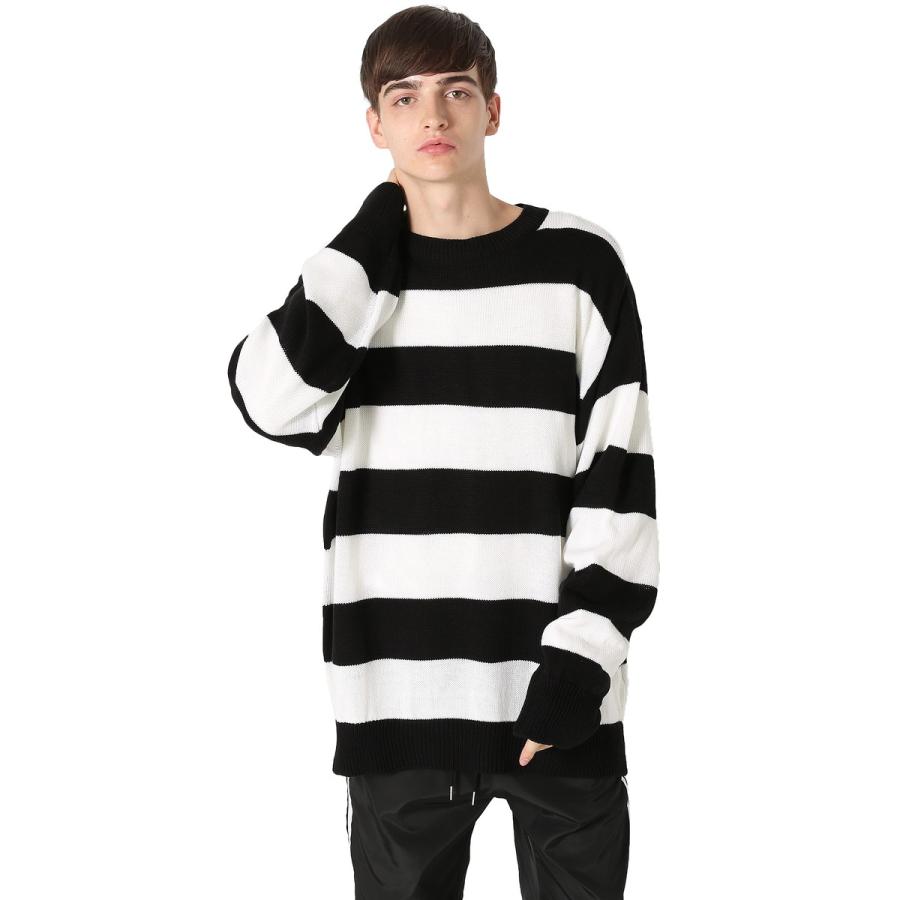 ニット ボーダー セーター  ロング丈 ビッグサイズ メンズファッション メンズ 韓国ファッション | improves | 01