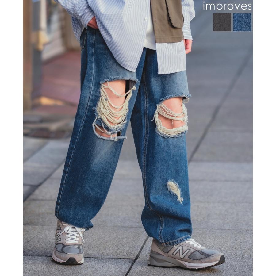 ストリート ダメージ デニム ゆったりサイズ 破れ加工 破れ加工 ワイド ストレート デニム パンツ : Fetchcollection