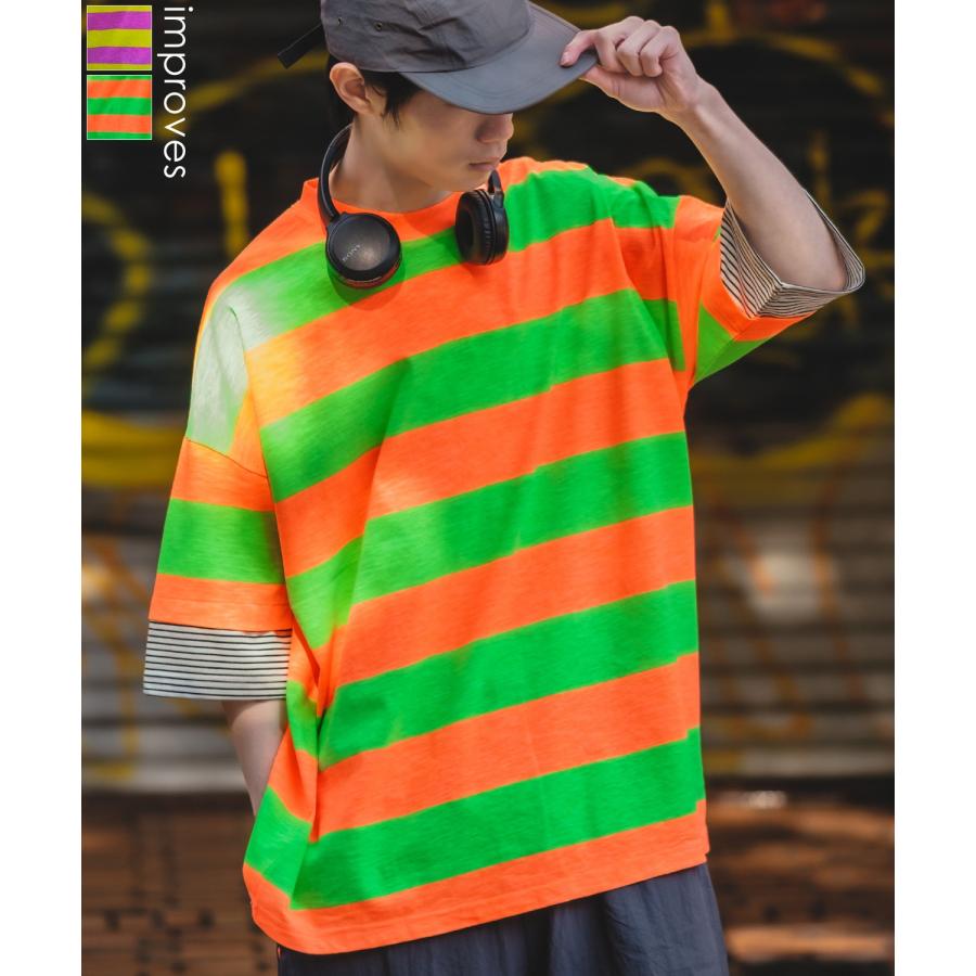 improves Tシャツ メンズ 半袖 ネオンカラー ボーダーカットソー
