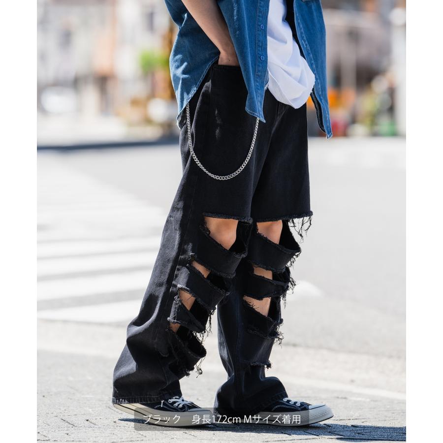 デニムパンツ メンズ クラッシュ ダメージ加工 ワイドパンツ ストレート ジーンズ ストリート アメカジ カジュアル 韓国ファッション スケーター 古着MIX | improves | 02