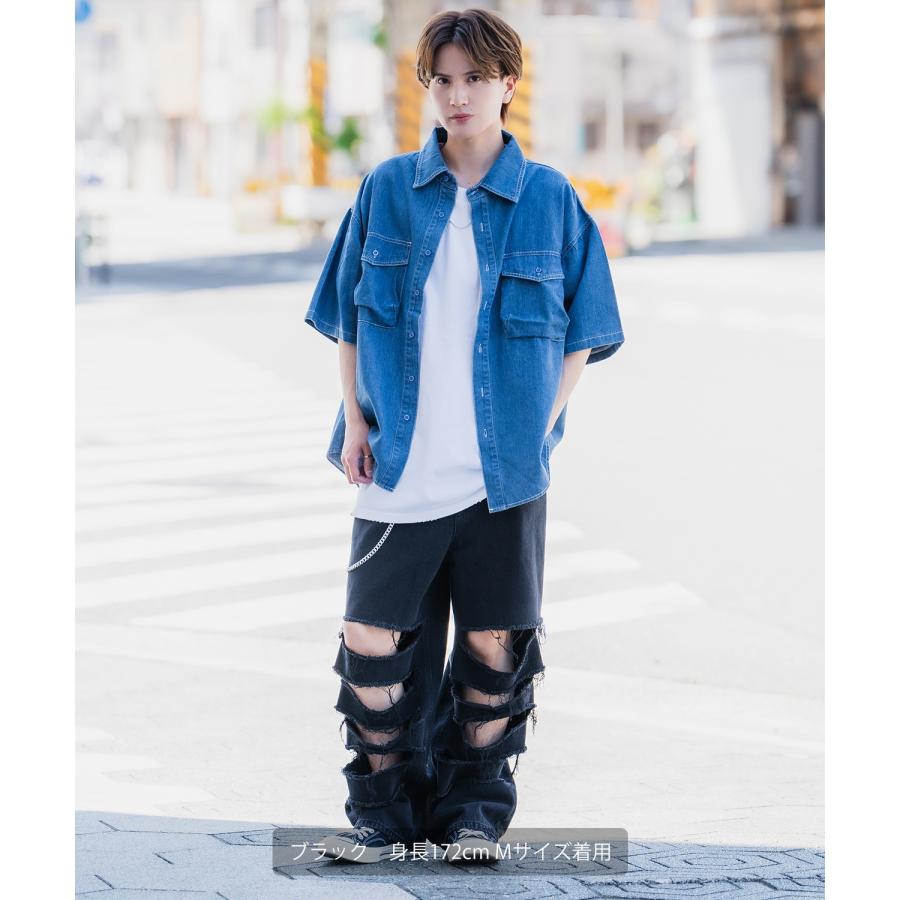 デニムパンツ メンズ クラッシュ ダメージ加工 ワイドパンツ ストレート ジーンズ ストリート アメカジ カジュアル 韓国ファッション スケーター 古着MIX | improves | 03